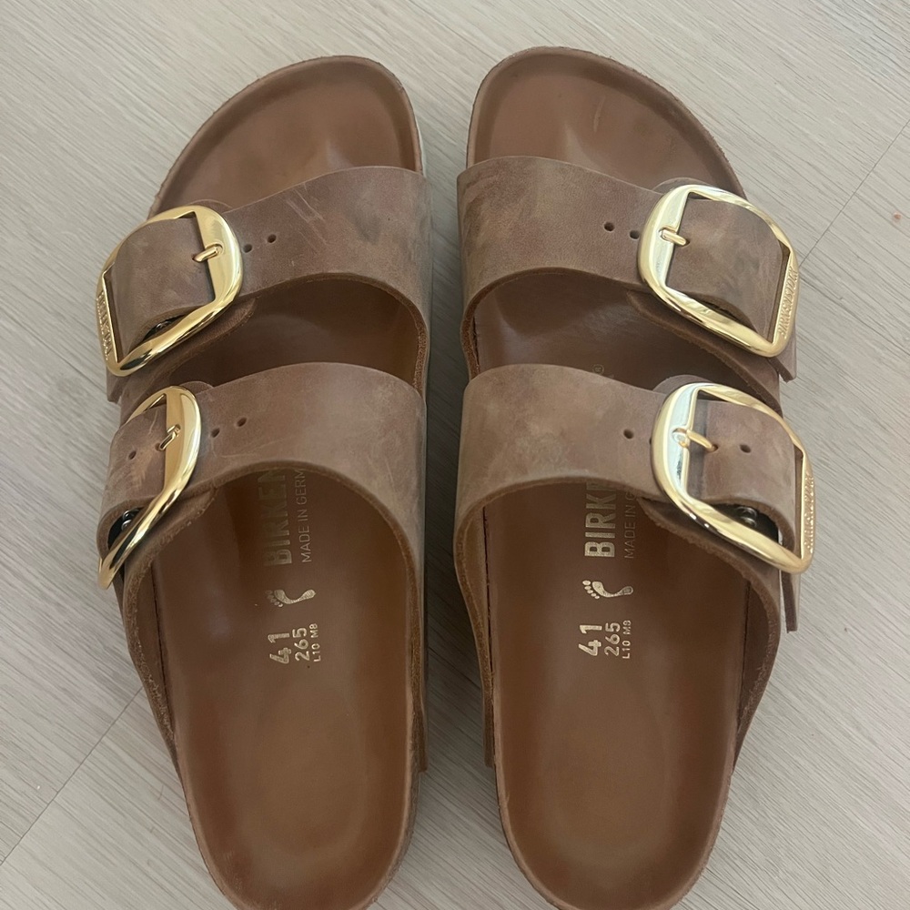 Birkenstock Tan Sandals with Gold Buckles